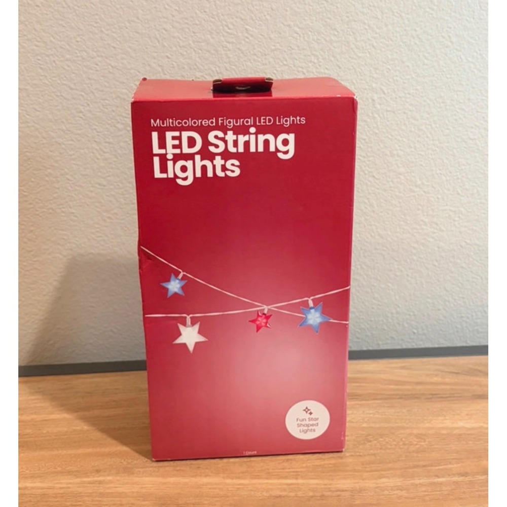 LED String Lights Multicolored Figural Star Red White Blue 15ft Battery Operated